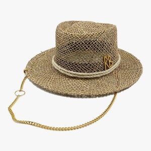 Stylish Tan Straw Hat with Gold Chain